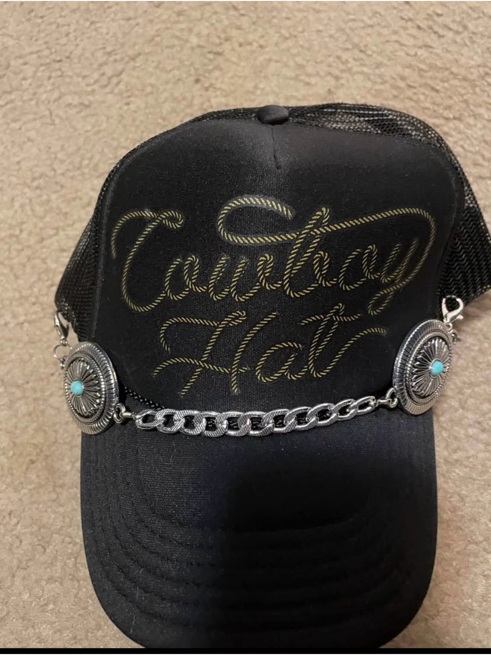 Cowboy Hat Black Trucker Cap with Silver Chain Accent